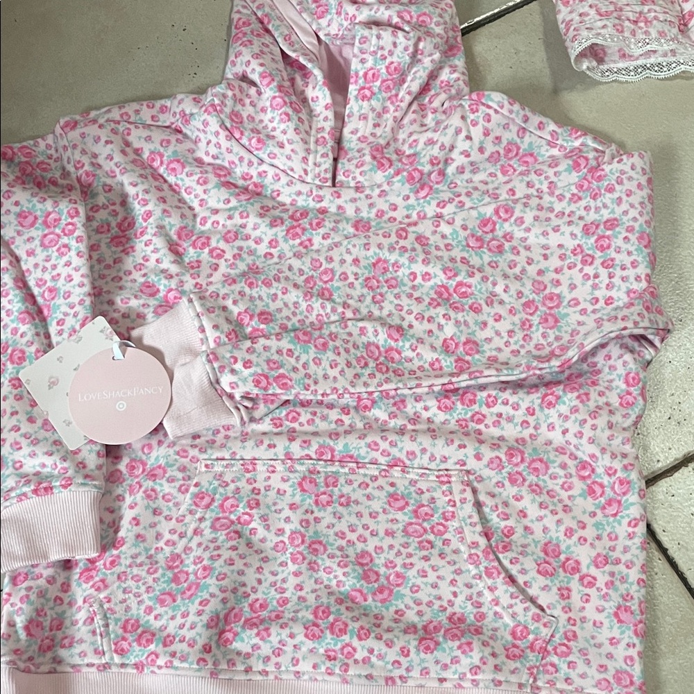 LoveShackFancy Pink and White Floral Hoodie Pullover